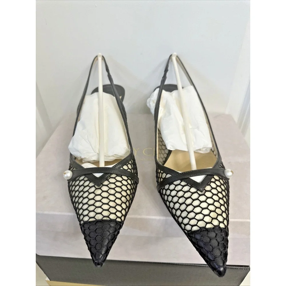 Jimmy Choo Size 40 US 10 Amita 45‎ Slingback Kitten Heel Pumps Fishnet Ballerina